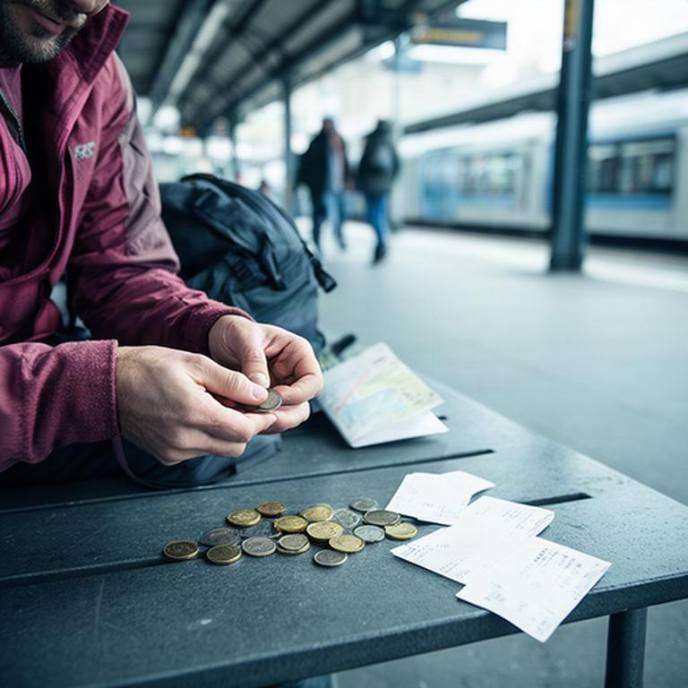 Backpacker counting coins beside public transport tickets on a station bench