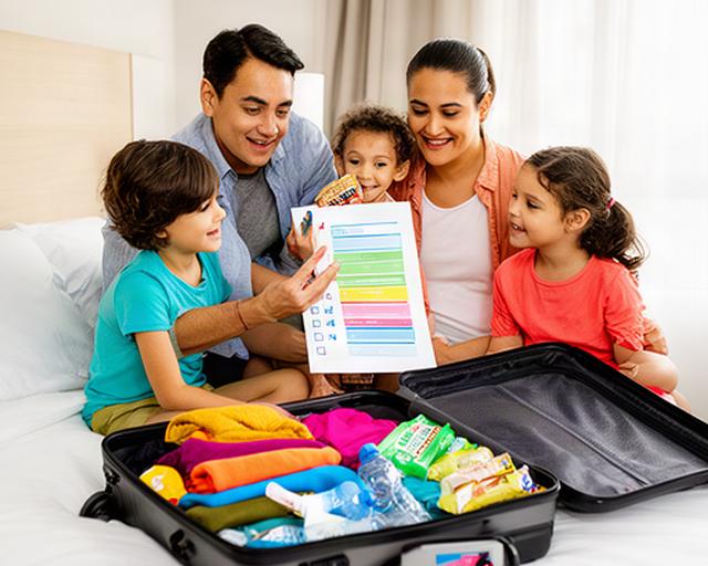 Parents and two children reviewing a colourful travel checklist beside a suitcase in a bright hotel room