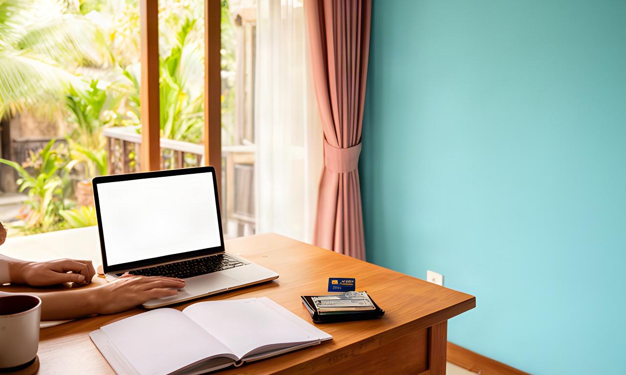 Remote worker at a wooden desk in a bright Bali apartment with a laptop, notebook, local SIM card, and cash wallet